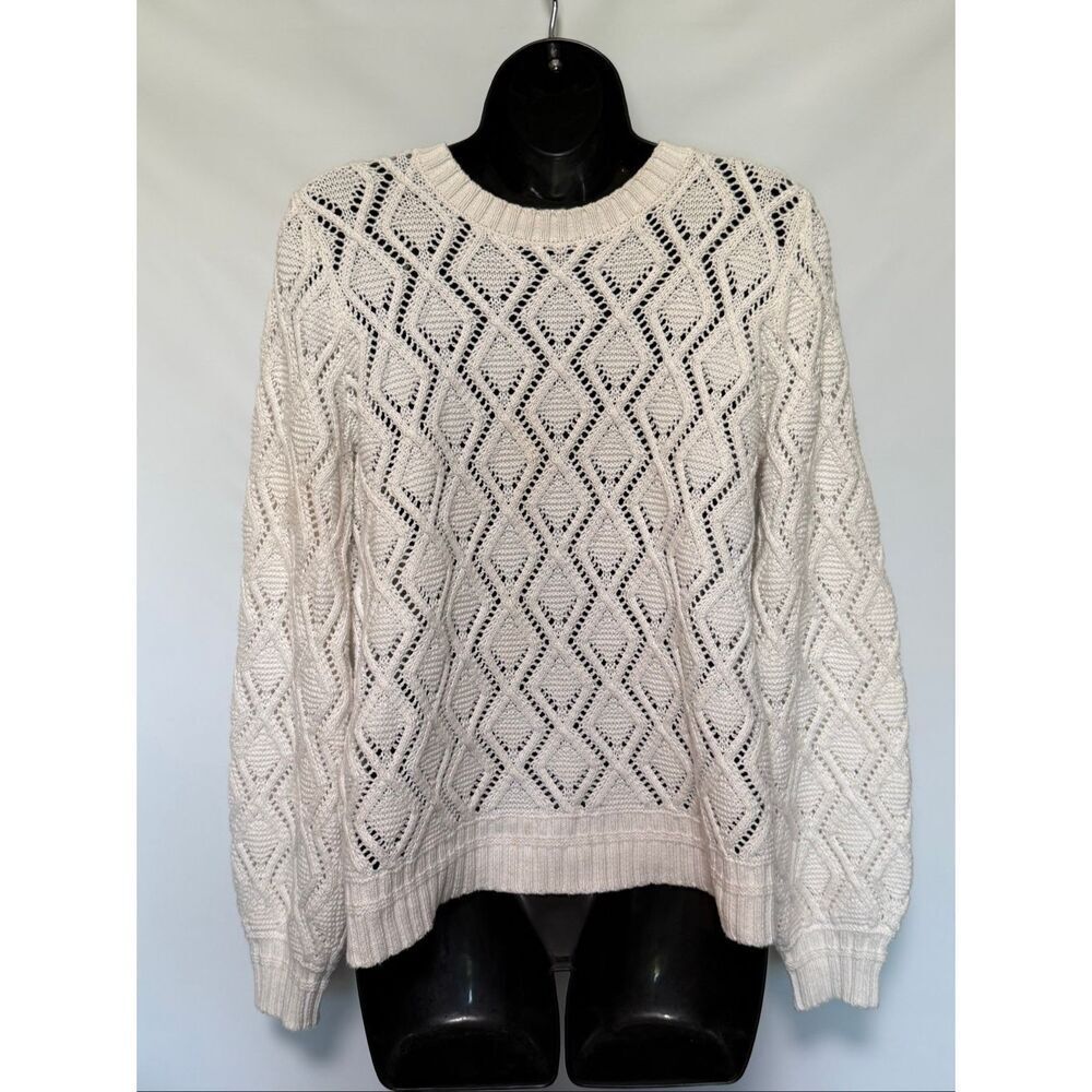 Loft women’s white long sleeve, heavy open knit, diamond pattern sweater size me
